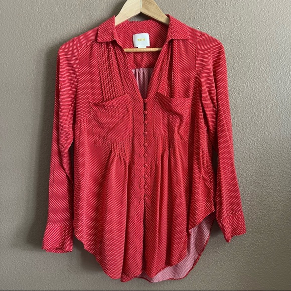 Anthropologie Tops - Anthropologie Maeve Micro Polka Dot Pleated Red Blouse Size Small